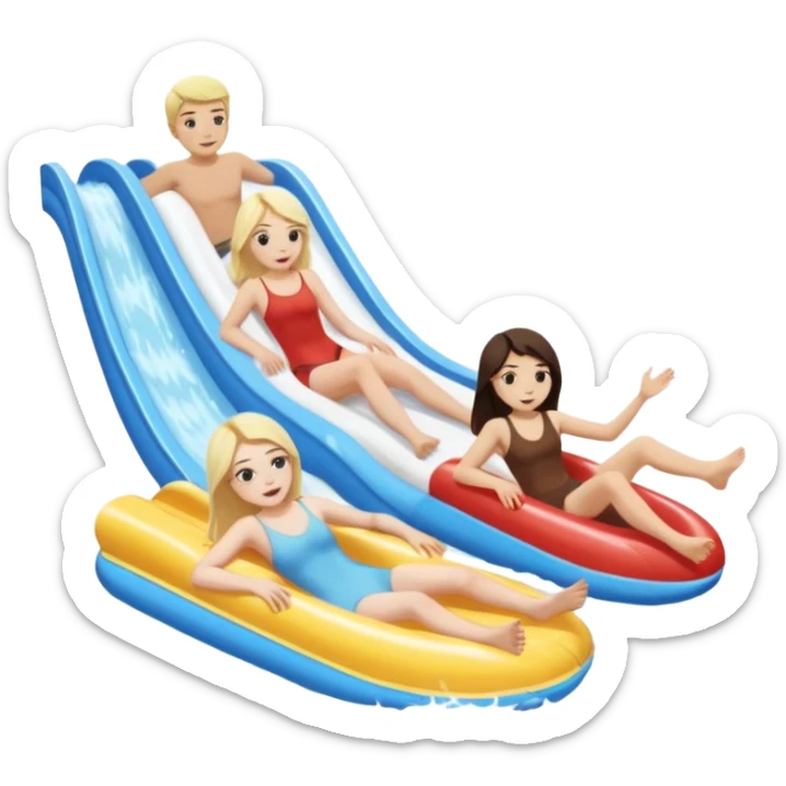 dark brown haired girl that’s pale and blonde haired girl and dirty blonde haired man and dark brown hair guy that has a bit longer hair just above his shoulders and is pale too on the lazy river water slide sticker