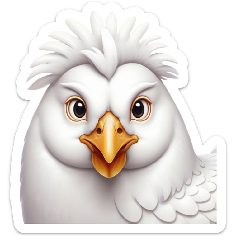 Cinematic Noble White Chicken Portrait Emoji, Poised and regal, with a compact, sturdy build and a pristine, well-groomed pure white plumage, deep-set soulful beady eyes, Simplified yet sharp and sophisticated features, highly detailed, glowing with a soft, dignified glow, high shine, intelligent and alert, stylized with an air of barnyard elegance, focused and attentive, soft glowing outline, capturing the essence of a watchful and confident fowl, so majestic it feels as though it could strut out of the screen with effortless authority! sticker