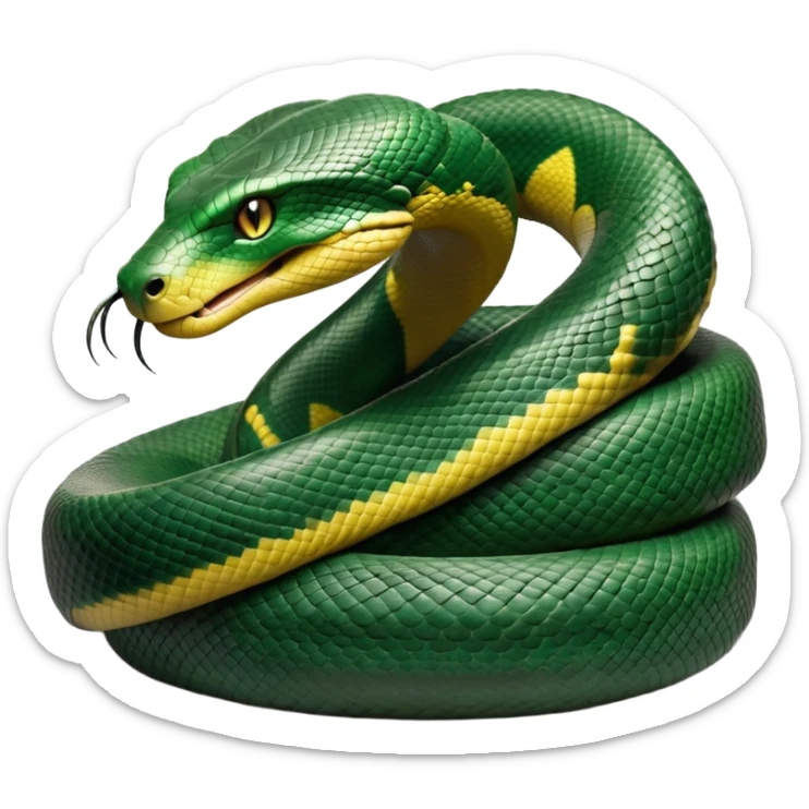 cinematic-anaconda-realistic-full-body-coiled-emoji,-thick-muscular-body-wrapped-in-powerful-loops,-smooth-green-and-black-patterned-scales-glinting-under-the-light,-head-raised-slightly,-piercing-golden-eyes-staring-intensely,-simplified-yet-realistic-focused-features,-highly-detailed,-glowing-with-an-almost-sarcastic-glow sticker