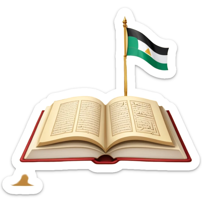 An icon featuring the Pyramids of Giza and the flag of an Arabic-speaking country, symbolizing the Arabic language. The design includes an open book with Arabic script and calligraphy, representing language learning and cultural heritage. Transparent background sticker