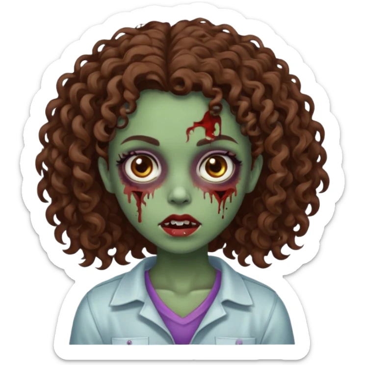 Faça uma garota zombie de cabelo cacheado castanho, olhos castanhos escuro e pele parda sticker