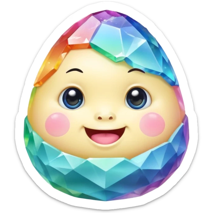 A single pastel rainbow crystal baby rock character, chubby and heavy with a chunky, irregular polygon shape, not egg-shaped, covered in faceted crystal planes and small chips, big glossy rainbow eyes and a small smiling mout sticker