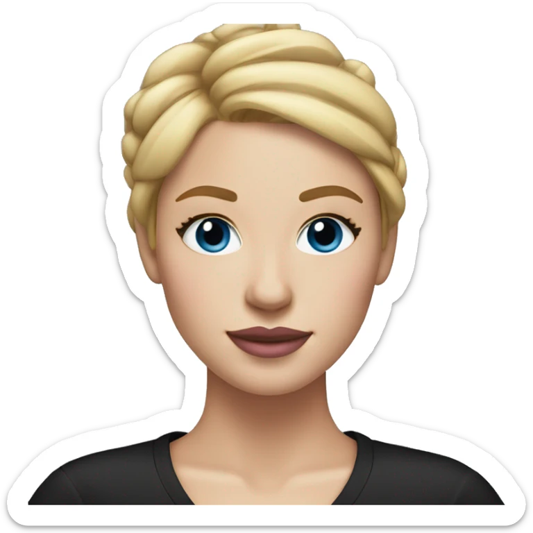 a woman with freckles, blue eyes, light skin, blonde hair with a bun, pink lips. black clothes. sticker