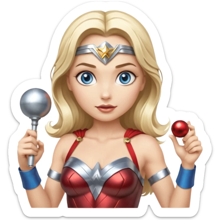 Blonde blue eyes Wonder Woman holding bell and short, skinny white baton sticker
