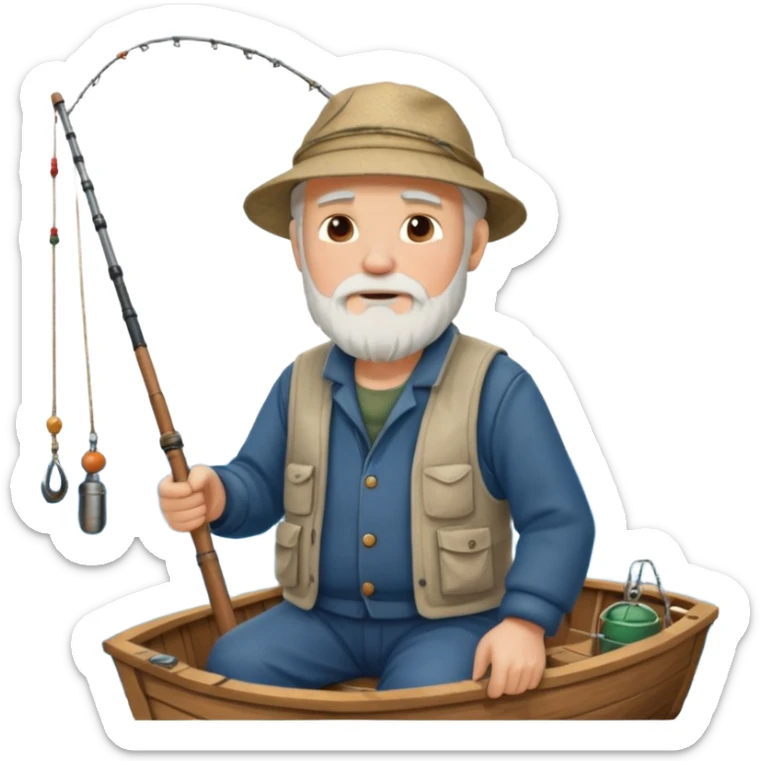 an old white haired, bearded man in fisherman attire, sat in a big boat on a calm sea, holding one fishing rod in one hand, with the end of the fishing line touching the water sticker