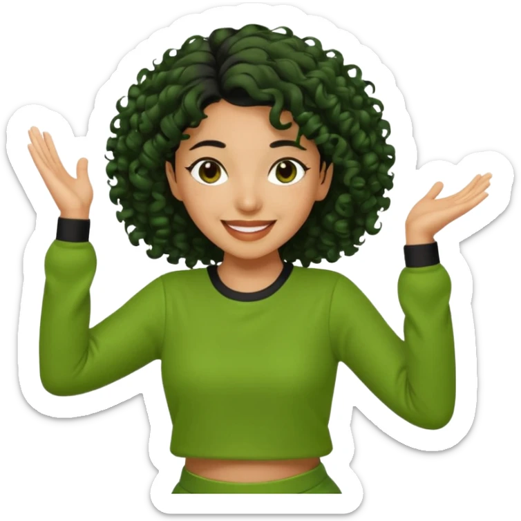 a woman with olive skin tone and curly black hair wearing green and dancing sticker