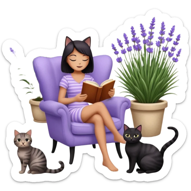 moji illustration, full body woman reading a book on a cozy armchair in a lavender garden, two separate cats next to her (one solid black cat, one brown tabby cat with stripes), small side table with coffee mug, soft peaceful vibe sticker