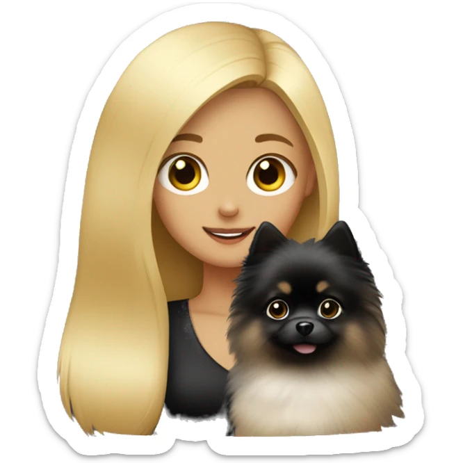 blond girl with black pomeranian in her arms  sticker