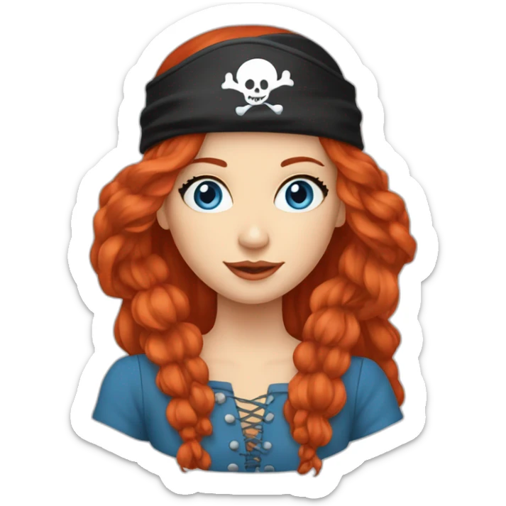 Woman long red hair in a platt.pirate hat. One side of head has no hair. Blue eyes. skull and crossbones t shirt sticker