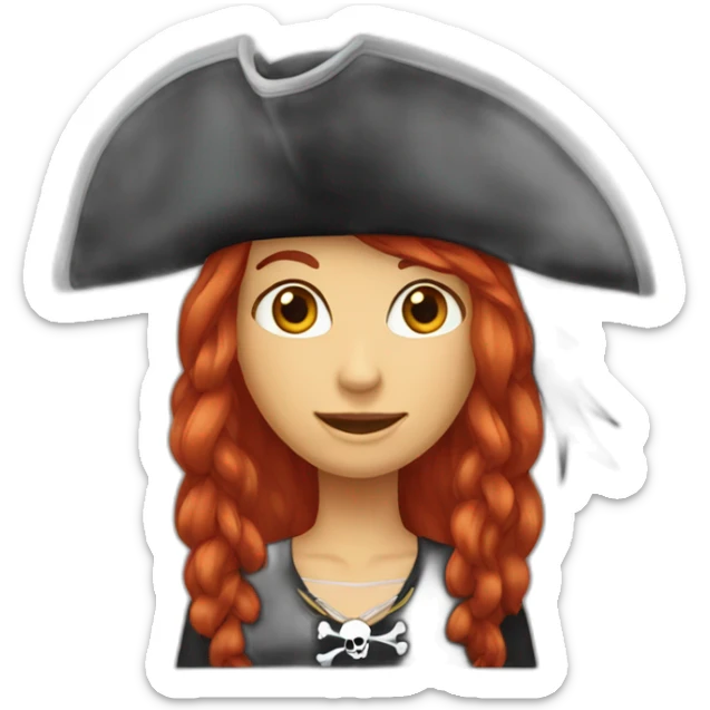 Woman long red hair. Her hair is one long platt on one side Short hair on the other side, pirate hat, skull and crossbones t shirt sticker