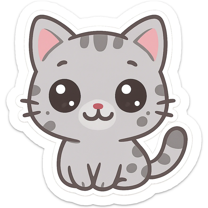 Cute emoji of a small gray cat with black spots, big shiny kawaii eyes, tiny pink nose, and a sweet smiling expression. Minimalist design, clean vector style, high resolution, soft pastel colors, with a transparent background. sticker
