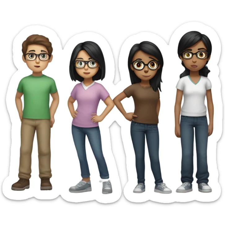 2 brown haired girls, a black haired girl with glasses, a black haired short boy and a brown haired boy, all lunging to the side sticker