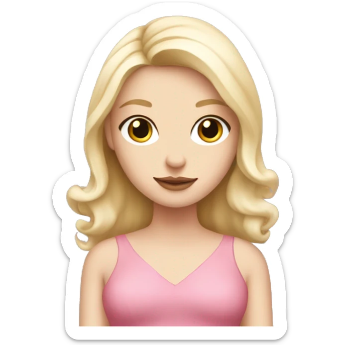 A white girl blonde hair with a pink dress holding a white cat sticker