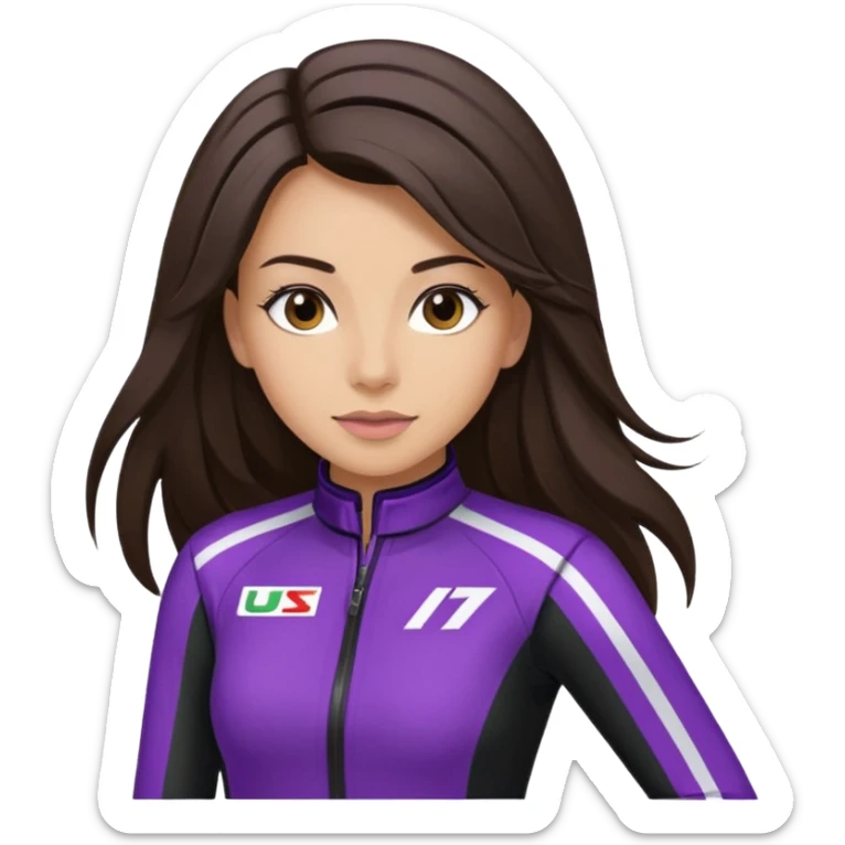 brunette long hair woman with black racing outfit with single purple strip sticker