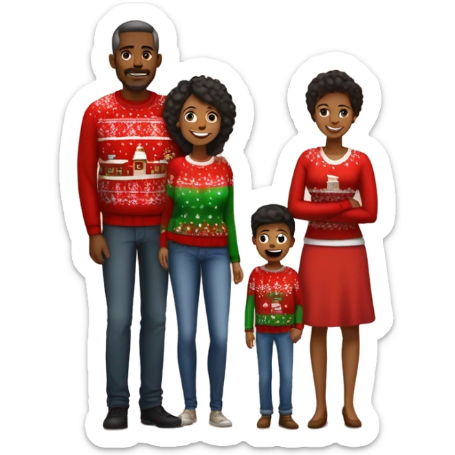 A Black family of four members with Dad, Mom, Son, and Daughter. The son stands next to Mother. The Daughter stands next to Father. All family members are wearing Christmas sweaters and Santa hats.  sticker