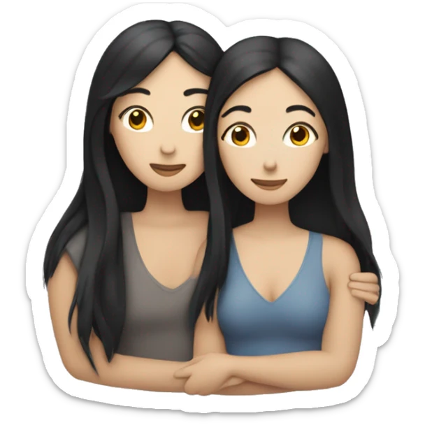 A lesbian couple who both have white skin and long black hair are hugging intimately. sticker