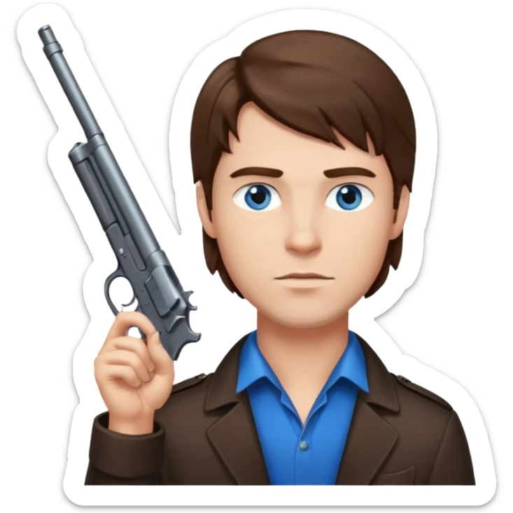 guy w medium long brown hair and blue eyes with gun pointed up at his chin sticker