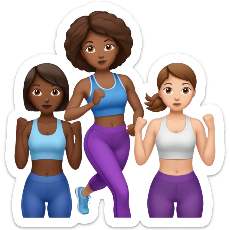 three women friends exercising together, one black woman with brown hair, two white women with brown hair sticker