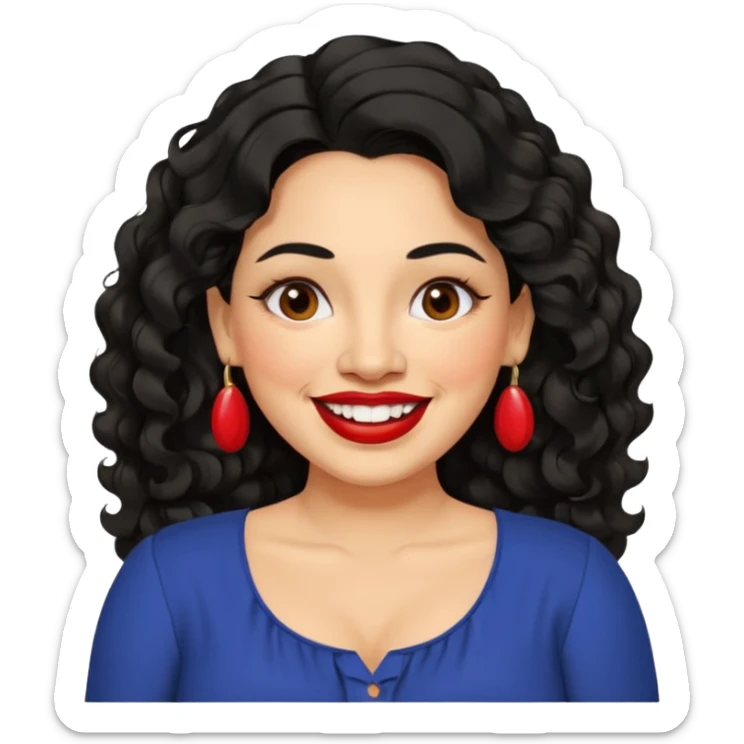 40 yr old Mexican woman, slightly chubby, wavy/curly long black hair, red lipstick, big smile, white teeth, brown eyes, hoop earings, side part to hair, round face, nice blouse, no wrinkle hair side swept, big hoop earing sticker