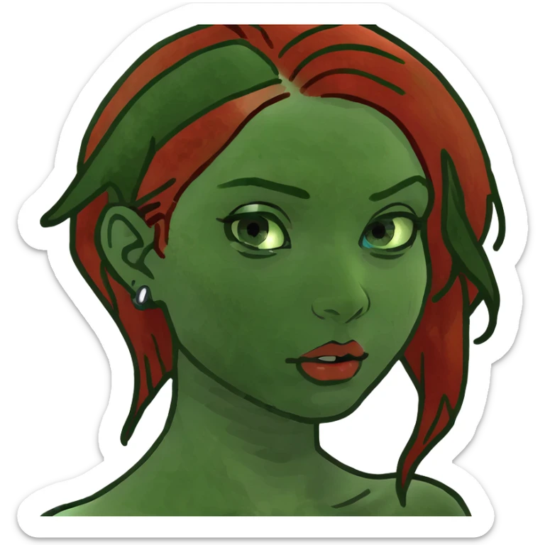 a girl with red hair and green streaks, blue eyes, piercings in a black dress sticker