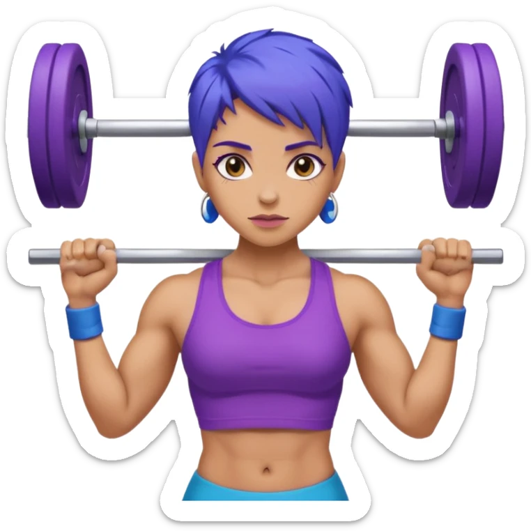 weight lift woman short blue purple har muscles bar is not growing from head sticker
