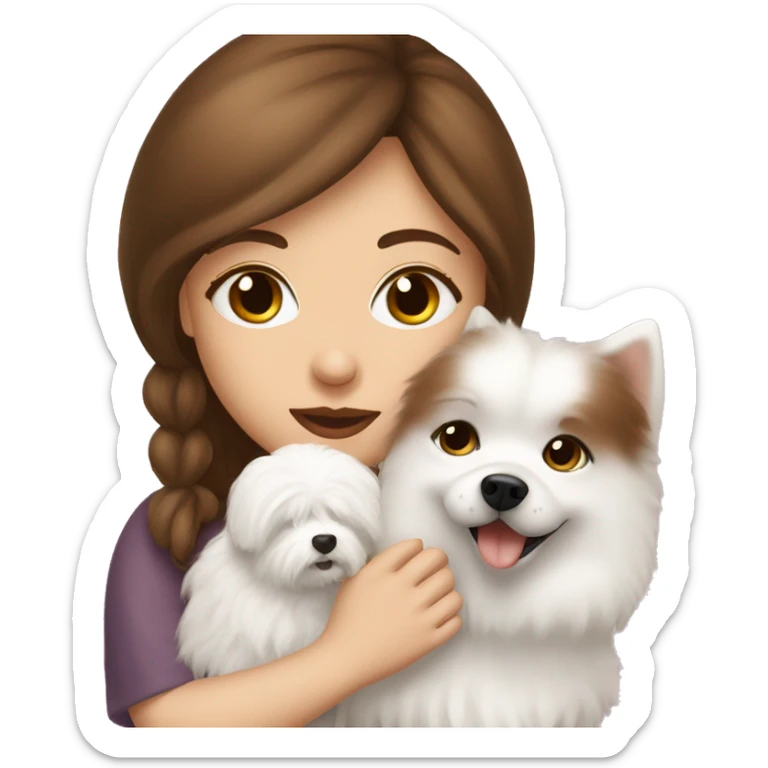 beautiful girl with brown hair kissing her cream white spitz dog sticker