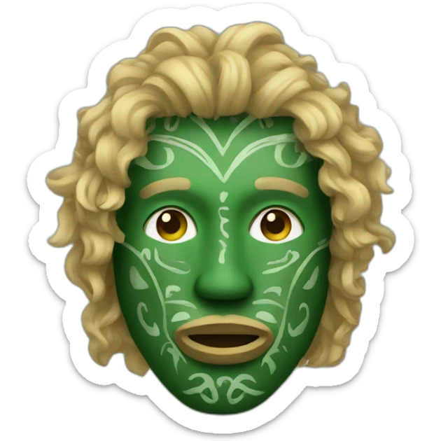 A man wearing a green wooden tribal mask with medium length blonde curly hair sticker