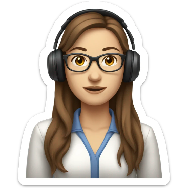 Caucasian female with long brown hair and glasses. Wearing computer headphones/headset. sticker