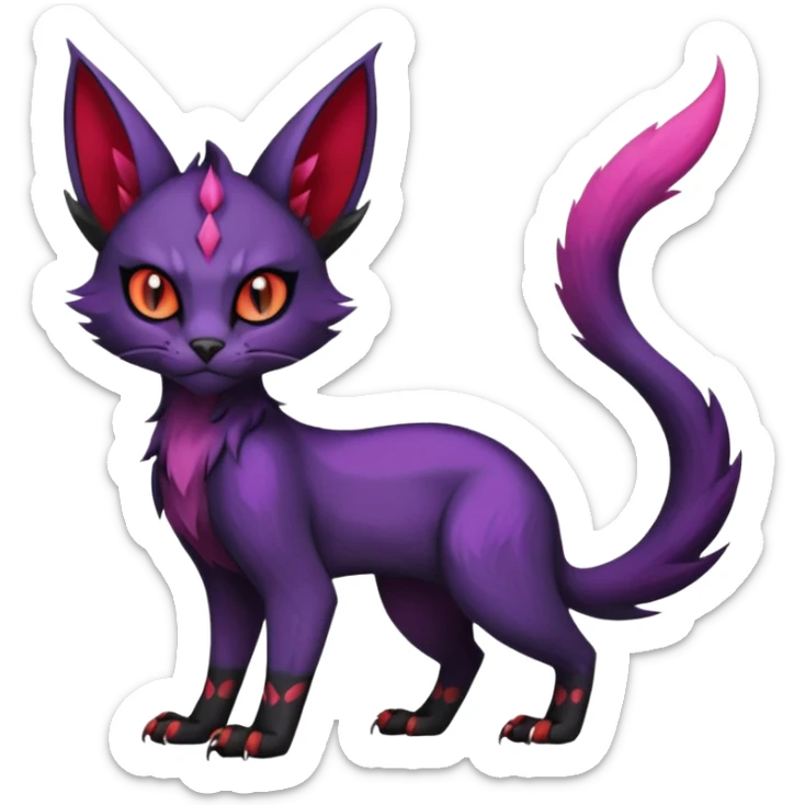 Black edgy Noivern-Noibat-Purloin-Torracat-Lykoi-Caracal-cat-Fakemon-fusion-hybrid-creature with violet and red scale markings sticker