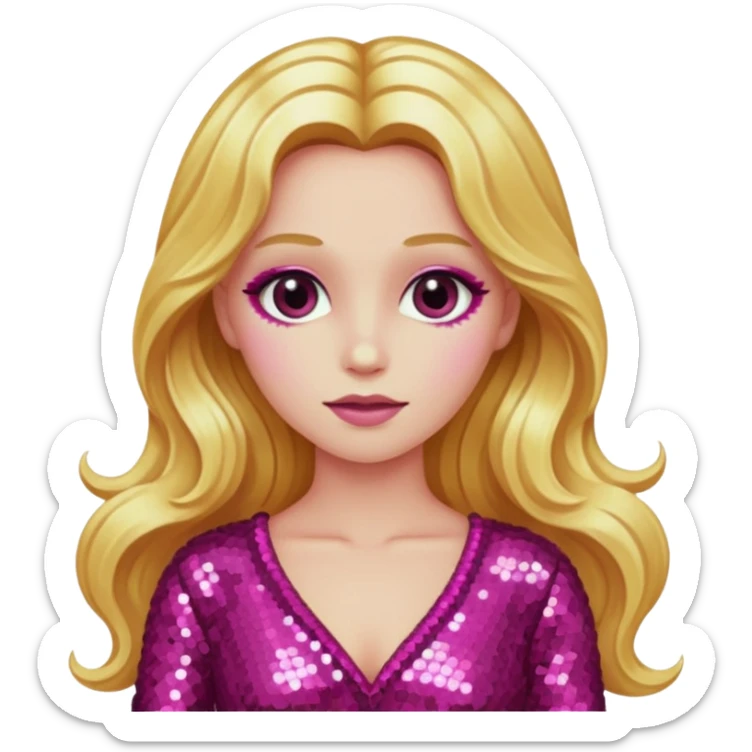 Venus from Ancient Gods with pink skin, long golden blonde hair, dark pink sequin outfit sticker