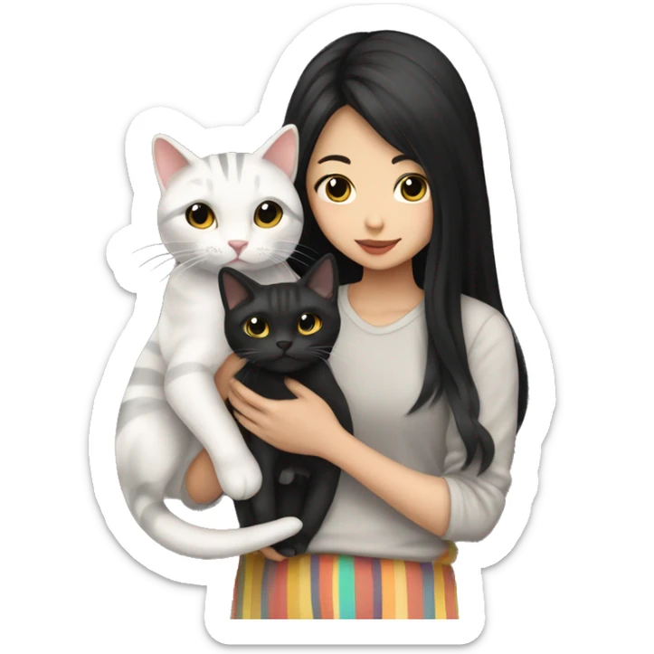asian with long black hair girl holding cat striped color sticker