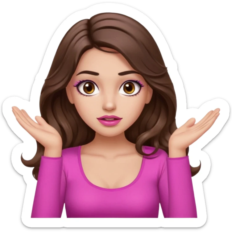 girl with long wavy brown hair, brown eyes, long lashes makeup, sexy pink lips, light to medium complexion, pink sexy top, two hands up, shrugging, confused sticker