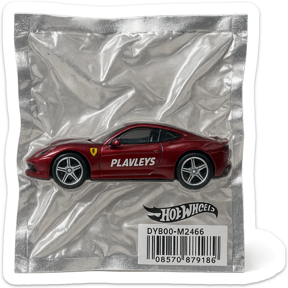 burgundy Ferrari Hot Wheels car with 'PLAVLEYS' text on the side, glossy, vacuum-sealed style sticker