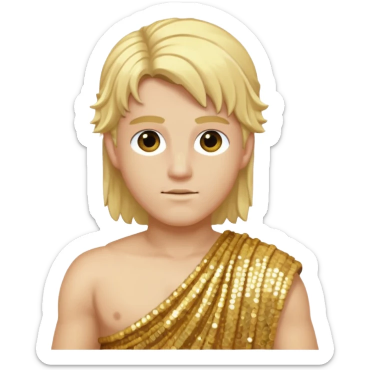 Apollo from Roman Deities with long blonde hair, gold sequin toga sticker