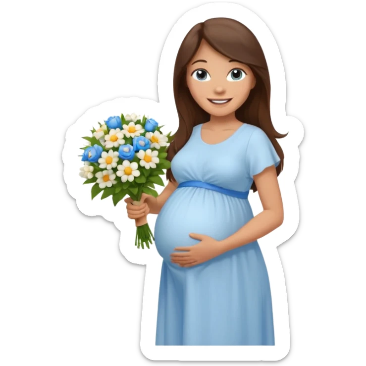Create a cute emoji-style illustration of a young brunette woman with long brown hair, blue eyes, and a happy smile. She is pregnant, shown with a visible baby bump, wearing a simple white dress and holding a small bouquet of flowers. She looks excited and joyful, as if she's about to marry soon. sticker