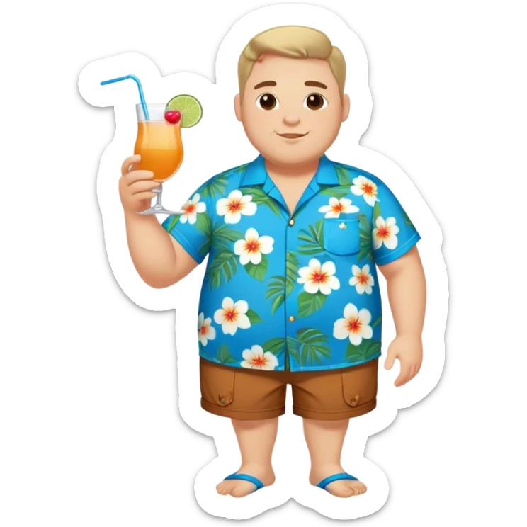 chubby guy full figure in a flowered azure havai shirt, brown shorts and flippers holding a cocktail sticker