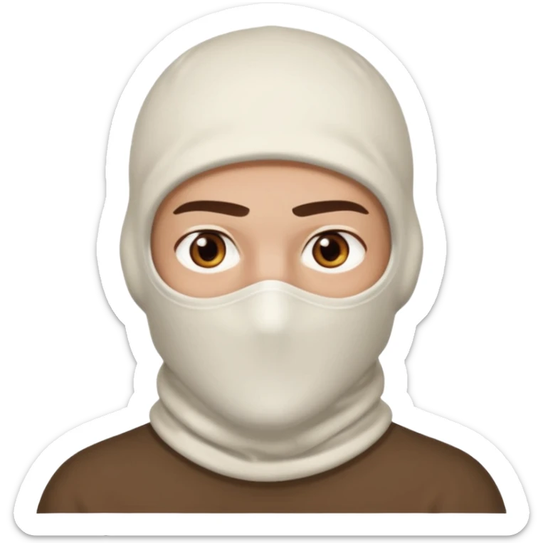 head of a guy with brown eyes wearing a white balaclava without a mouth, with a serious expression sticker