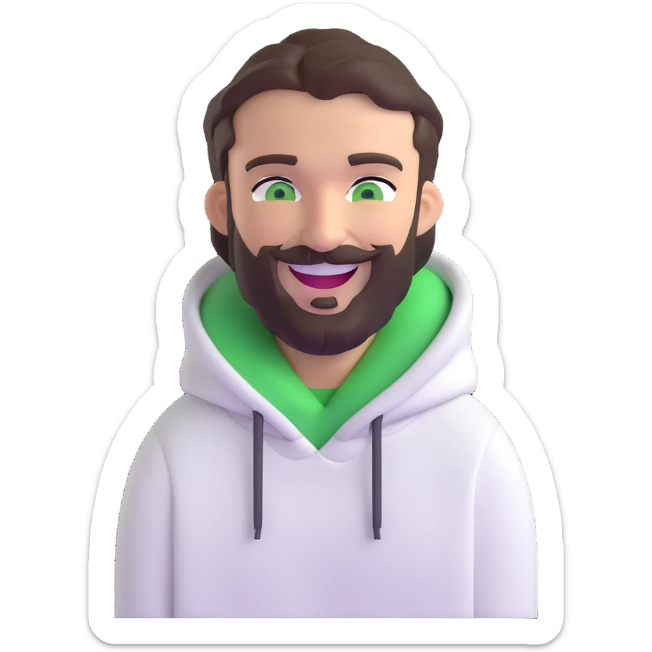 laughing guy with white hoodie, green eyes, dark brown hair and a short full beard sticker