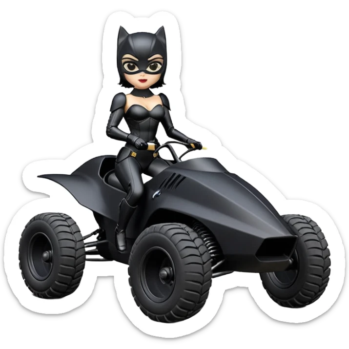 Rc toy with aerodynamic sexy fenders on Catwoman’s buxom attractive armored midnight-colored tight outfit from tv series style dark knight movie stealthy accurate sporty safe deluxe off-road fast pursuit prototype concept car (black hair, sitting back but driving aggressively) secret rally vehicle  sticker