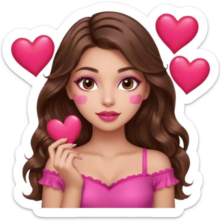 girl with long wavy brown hair, brown eyes, long lashes makeup, sexy pink lips, light to medium complexion, wearing a pink sexy top, many  hearts in hand sticker