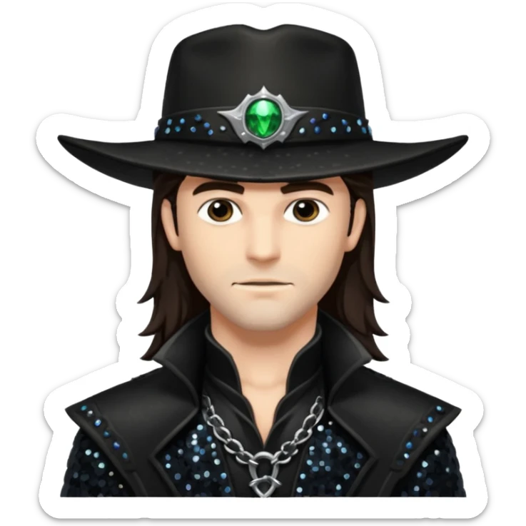 Van Helsing (Male) from Dracula with long dark brown hair, black sequin outfit sticker
