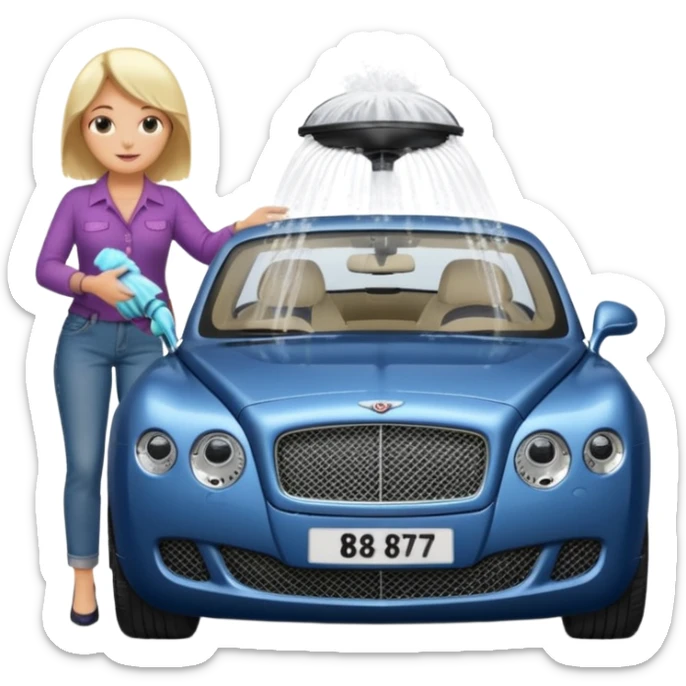 A fatter old blond lady in blue jeans washing a black Bentley car. show the full car and the lady next to it. show the face smaller and the person standing beside it sticker