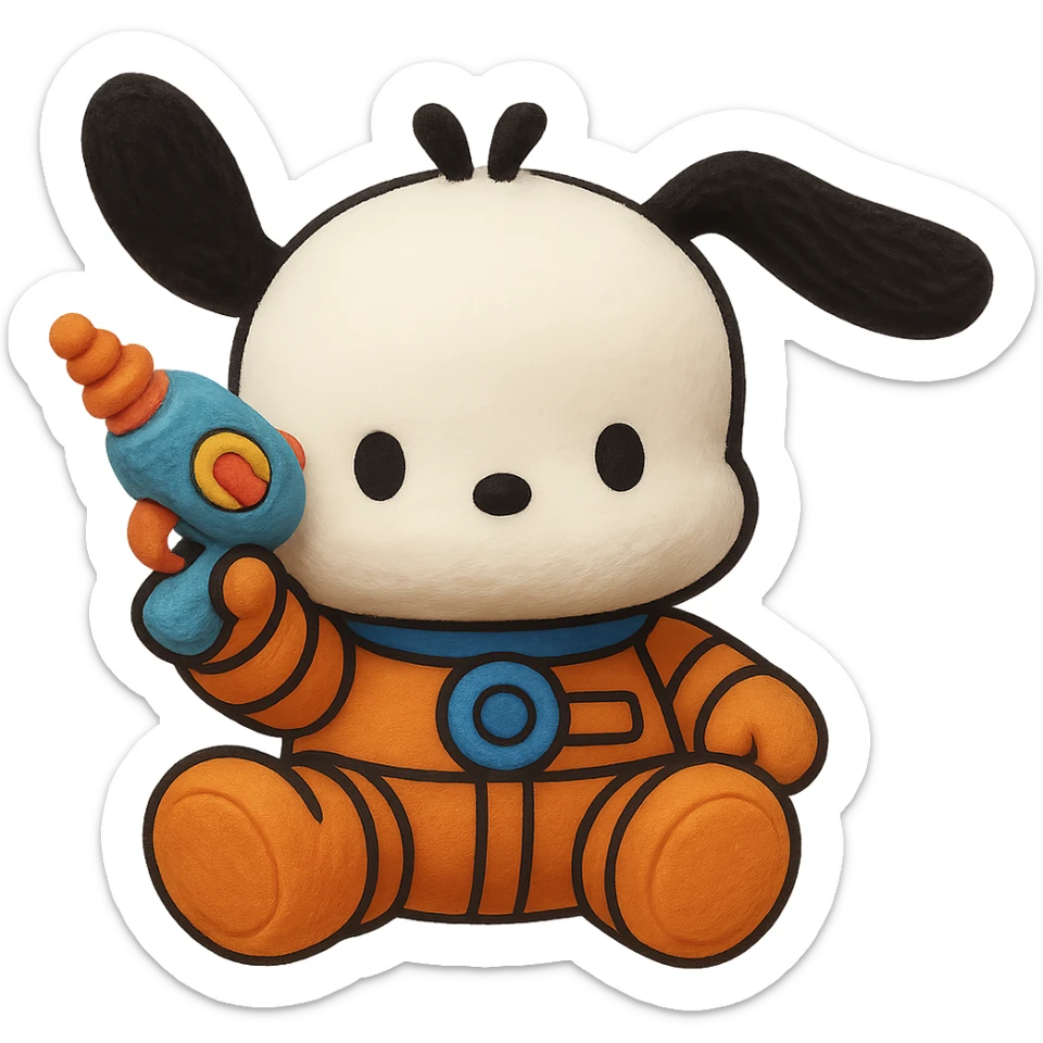 Make Pochacco hold a cute toy gun, keep him white with black ears, orange and blue space suit, plushy Popmart doll style, playful and adorable, no background sticker
