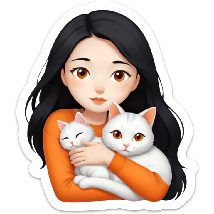 East Asian girl with long flowing black hair hugging a predominantly white cat with orange patches, sweet and gentle, cute facial expressions sticker