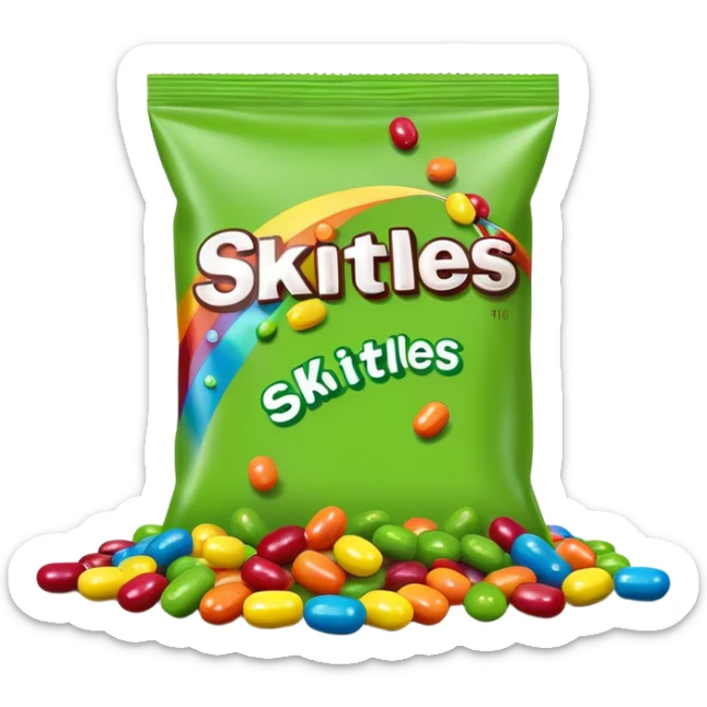 A colorful Skittles candy pack with green candies spilling out. Minimalist design with bright rainbow colors on the package and only green Skittles candies. sticker