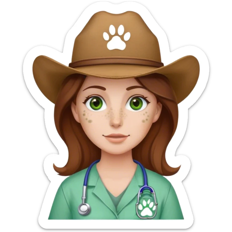 Pale Woman with brown hair and green eyes and freckles on her cheek bones wearing scrubs that have a paw print logo on only the scrubs  and a cow girl hat sticker