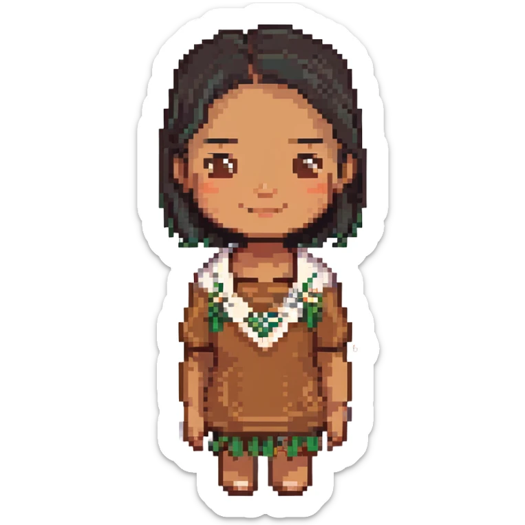 brown Samoan skinny girl with slight Chinese features, black short hair just below the shoulders, subtle smile, pixel art style sticker