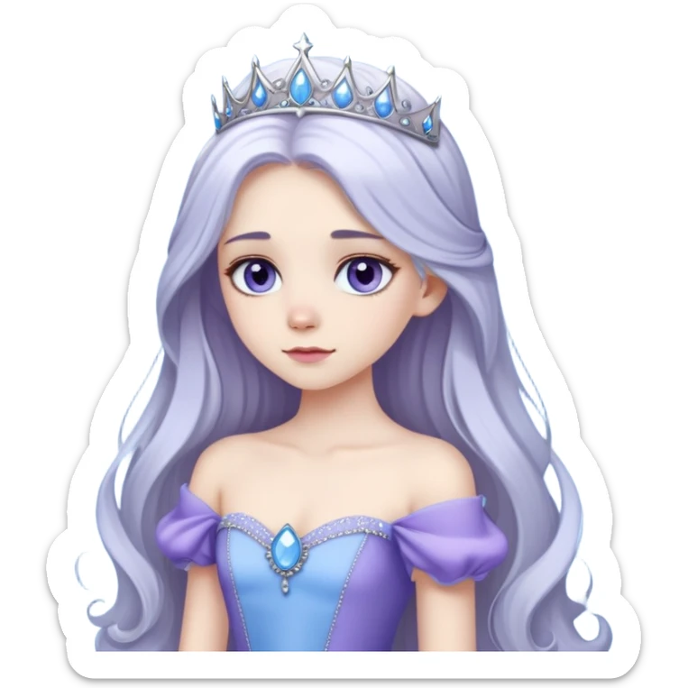 long haired girl with silver hair color and pale skin, she has a sky blue eye color and she's wearing a purple princess gown sticker