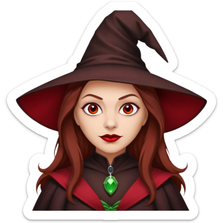 Wicked Witch of the East from the Wizard of Oz with light skin, red eyes, brown long hair, dark red outfit sticker