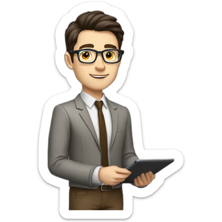 Pale skinned fit man with dark brown hair in gray jacket, beige office shirt, brown tie, brown pants and vintage glasses Writing on the tablet sticker